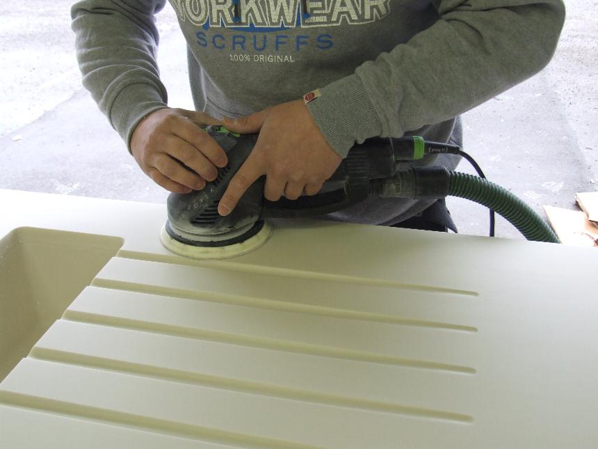 Sanding Corian Bone sink worktop